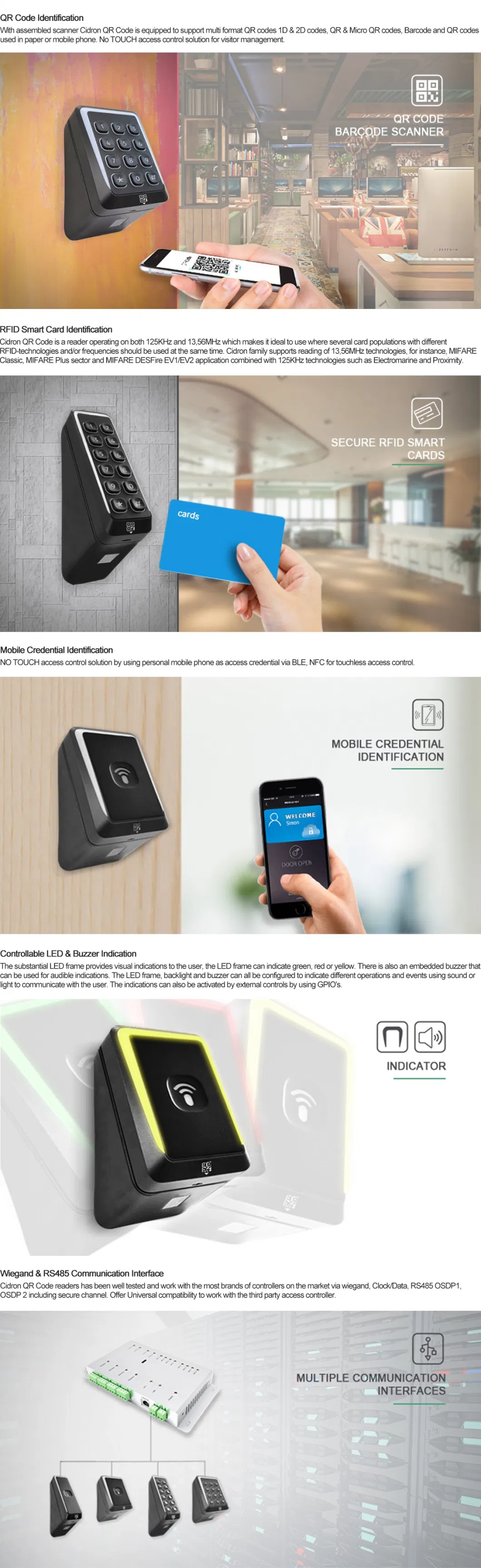 RFID Dual Frequency Code Access Card Bluetooth Qr Barcode Wiegand Reader